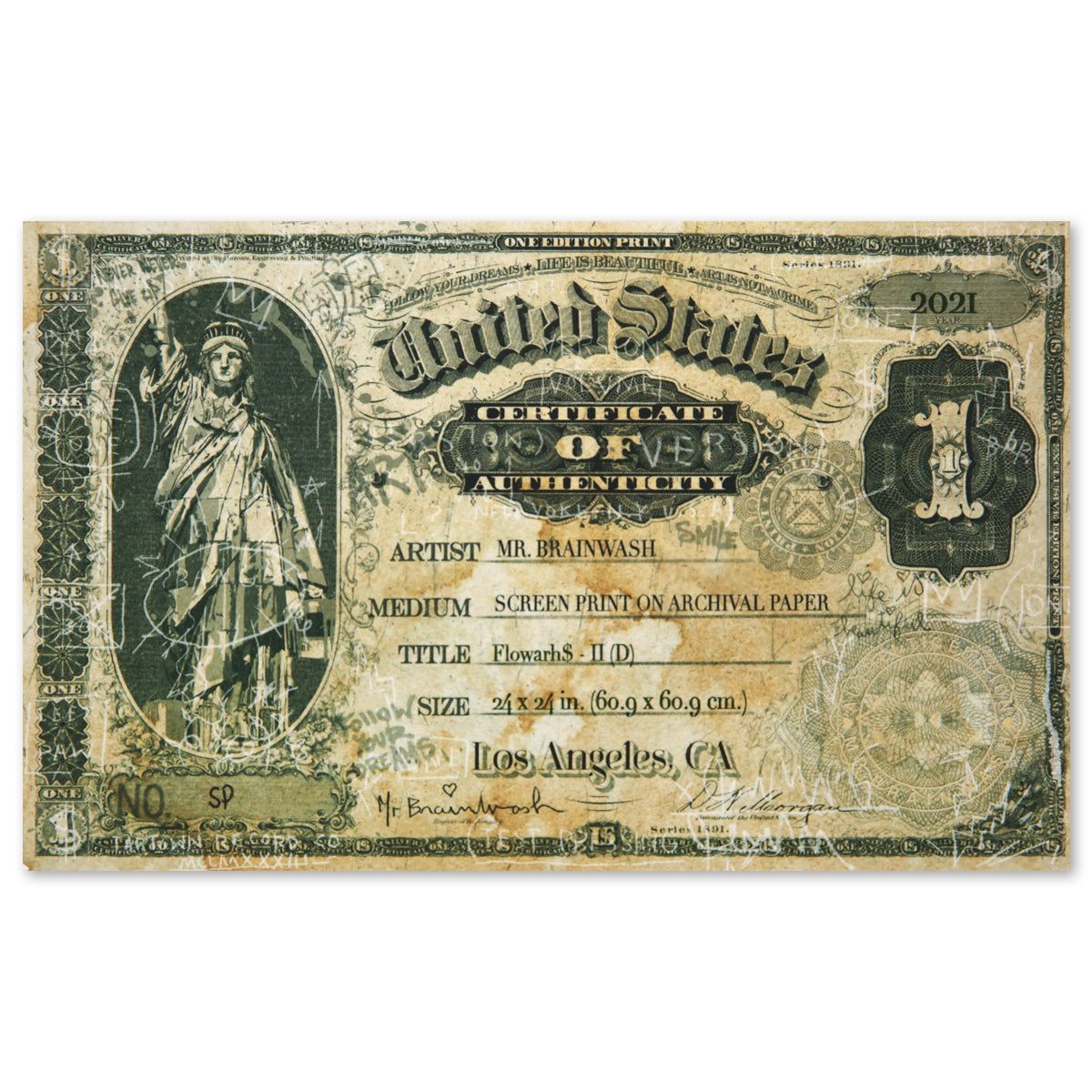 Mr Brainwash- Silkcreen on Paper "Flowarh$ - II (D), 2021"
