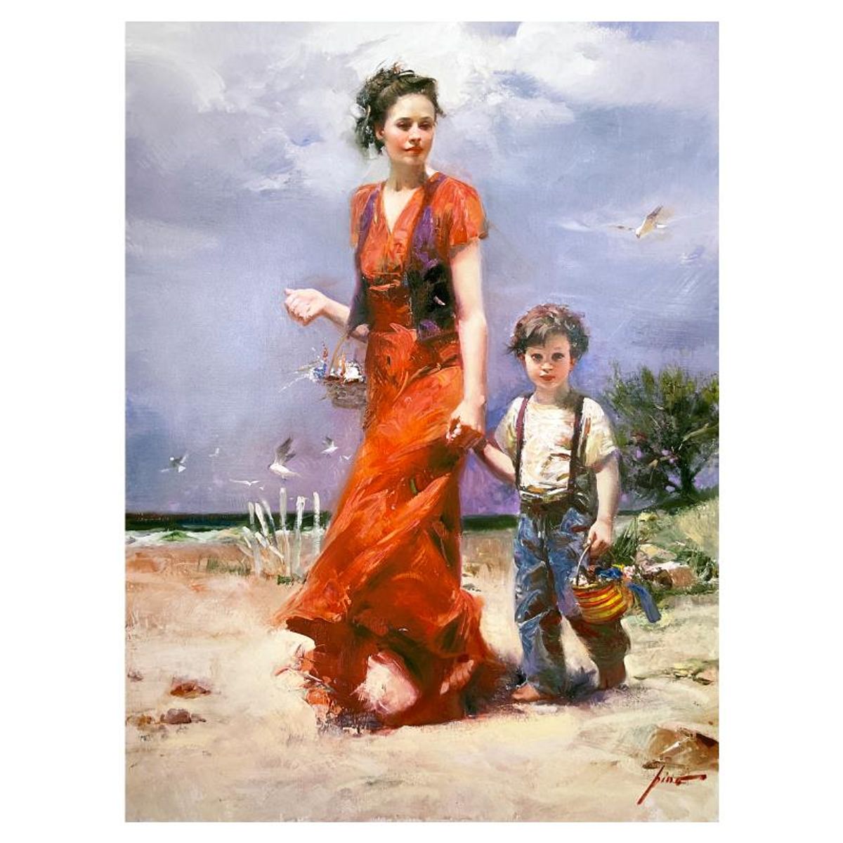 Pino (1939-2010) "At the Beach" Hand Embellished Limited Edition on Canvas, Numbered and Hand Signed with Certificate of Authenticity.