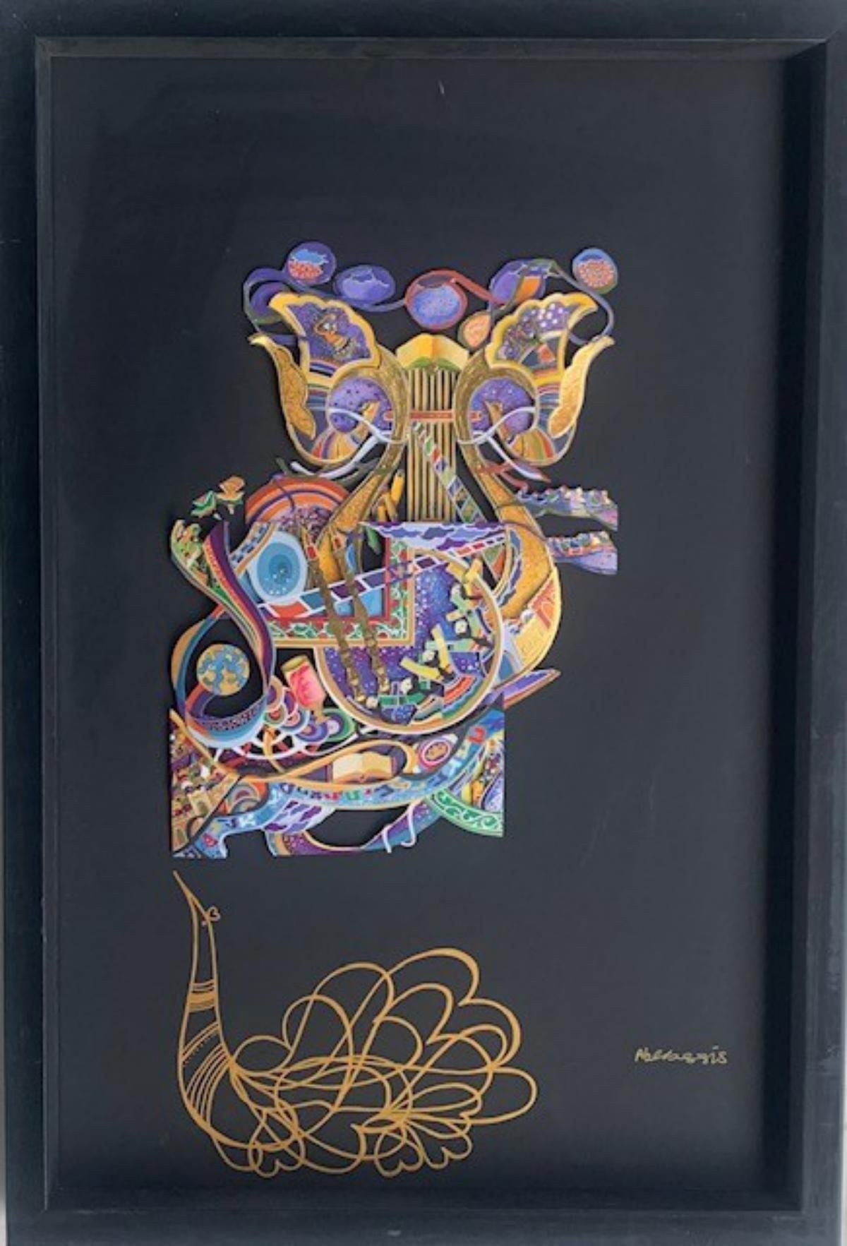 Raphael Abecassis - Mixed Media 3D decoupage with original drawing "Harp"