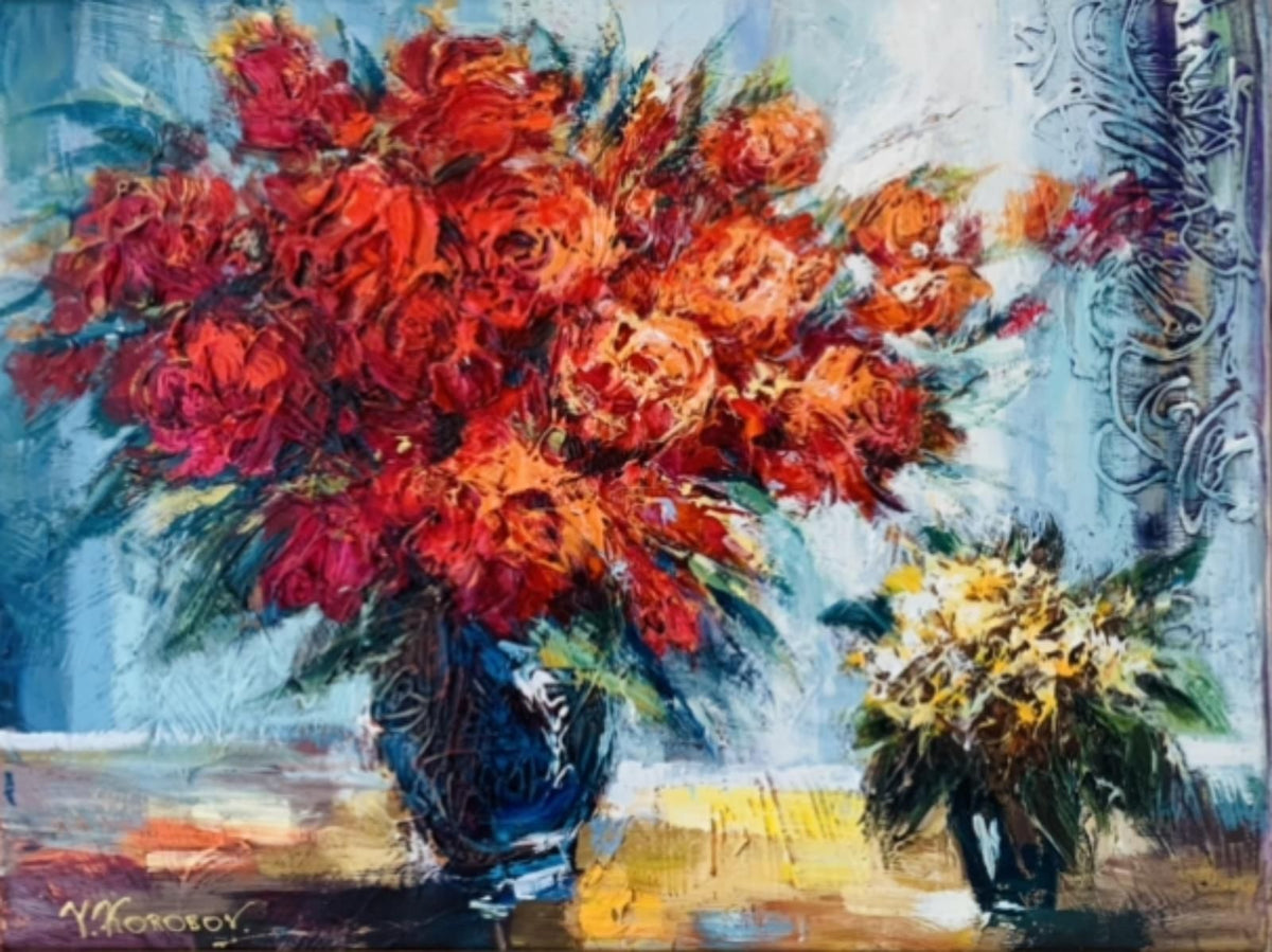 Yana Korobov- Original painting on canvas "Red bouquet"