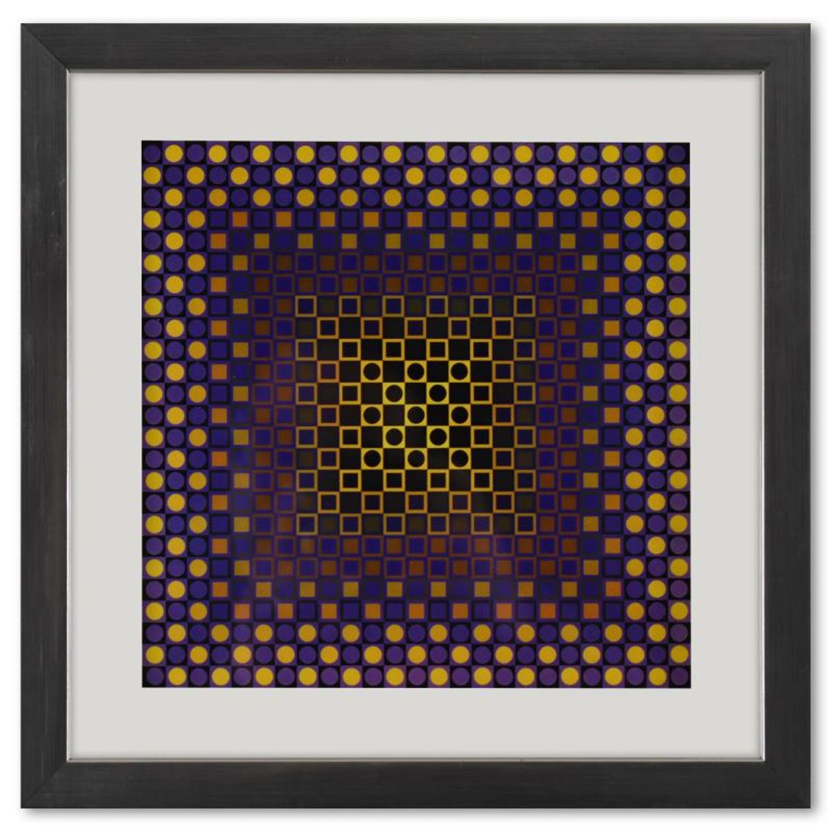 Victor Vasarely (1908-1997), "Alom (Purple/Yellow) de la serie Folklore Planetaire" Framed 1971 Heliogravure Print with Letter of Authenticity