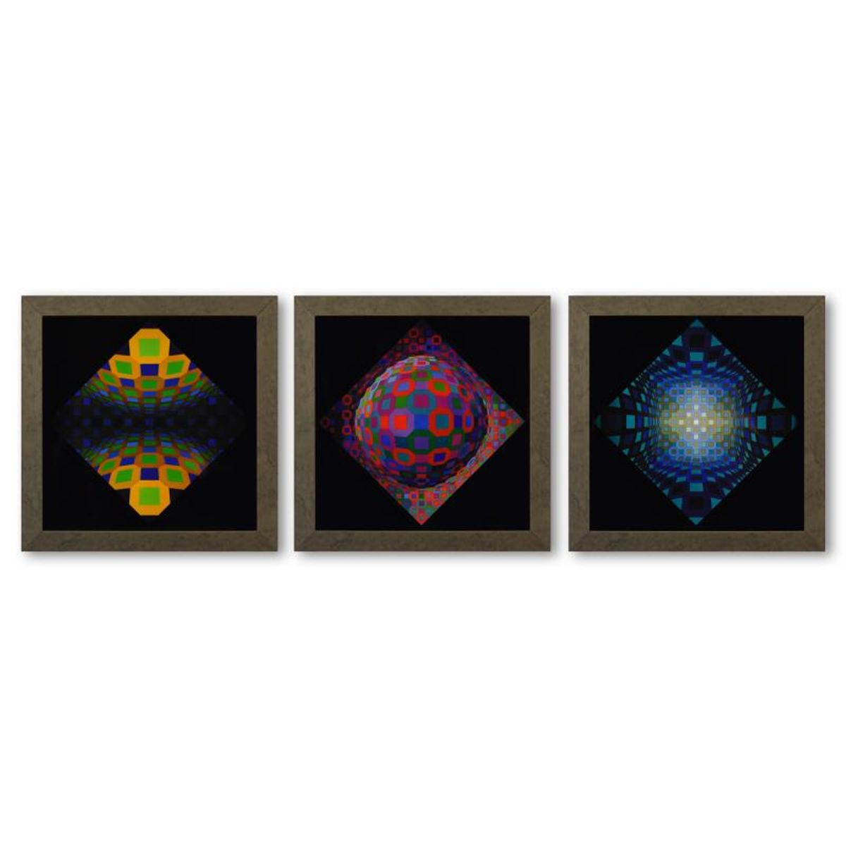 Victor Vasarely (1908-1997), "Okta - Pos de la serie Structures Universelles De L'Octogone (Triptych)" Framed 1975 Heliogravure Prints with Letter of Authenticity