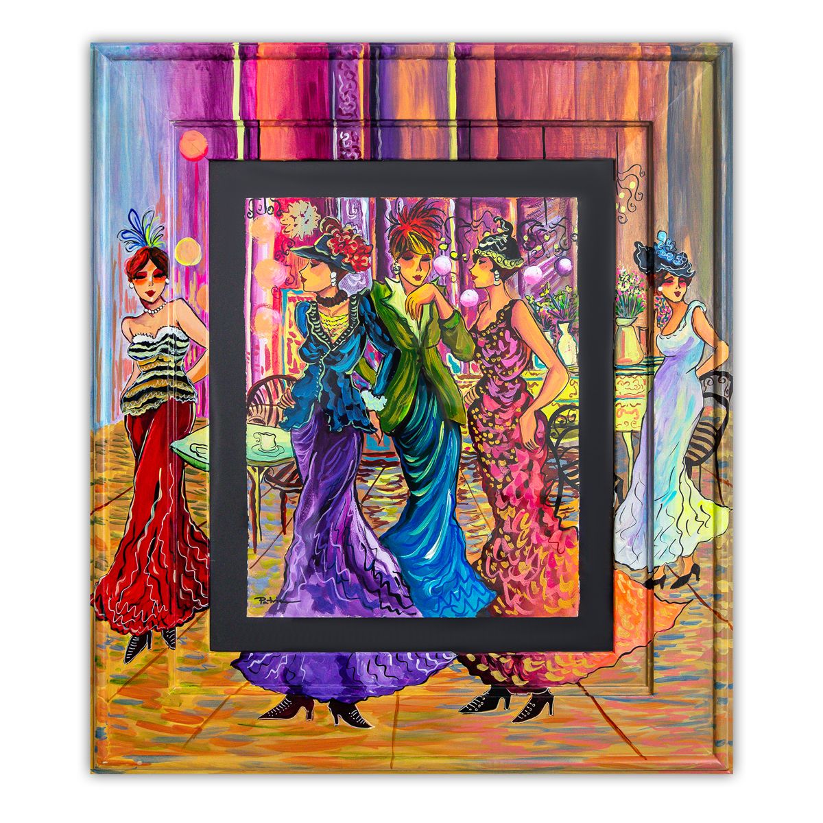 Patricia Govezensky- Original Watercolor with Hand Painted Frame "Dance of Colors"