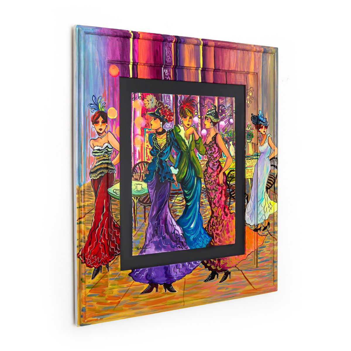 Patricia Govezensky- Original Watercolor with Hand Painted Frame "Dance of Colors"