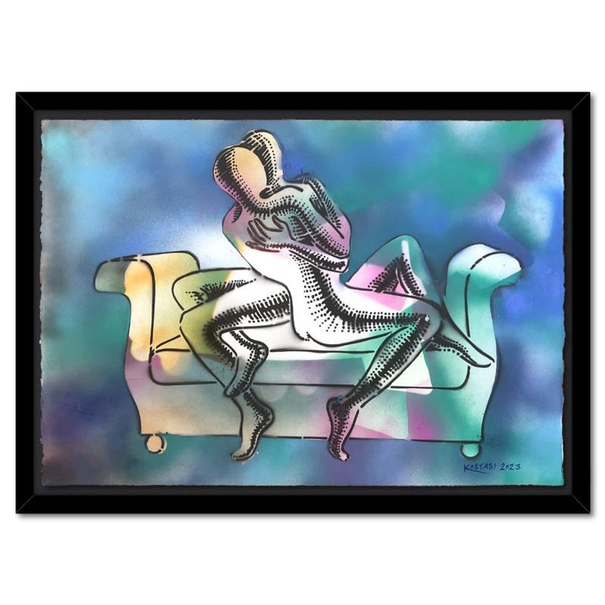 Mark Kostabi, "Infinite Tranquility" Framed Original Mixed Media Painting, Hand Signed with Certificate of Authenticity.