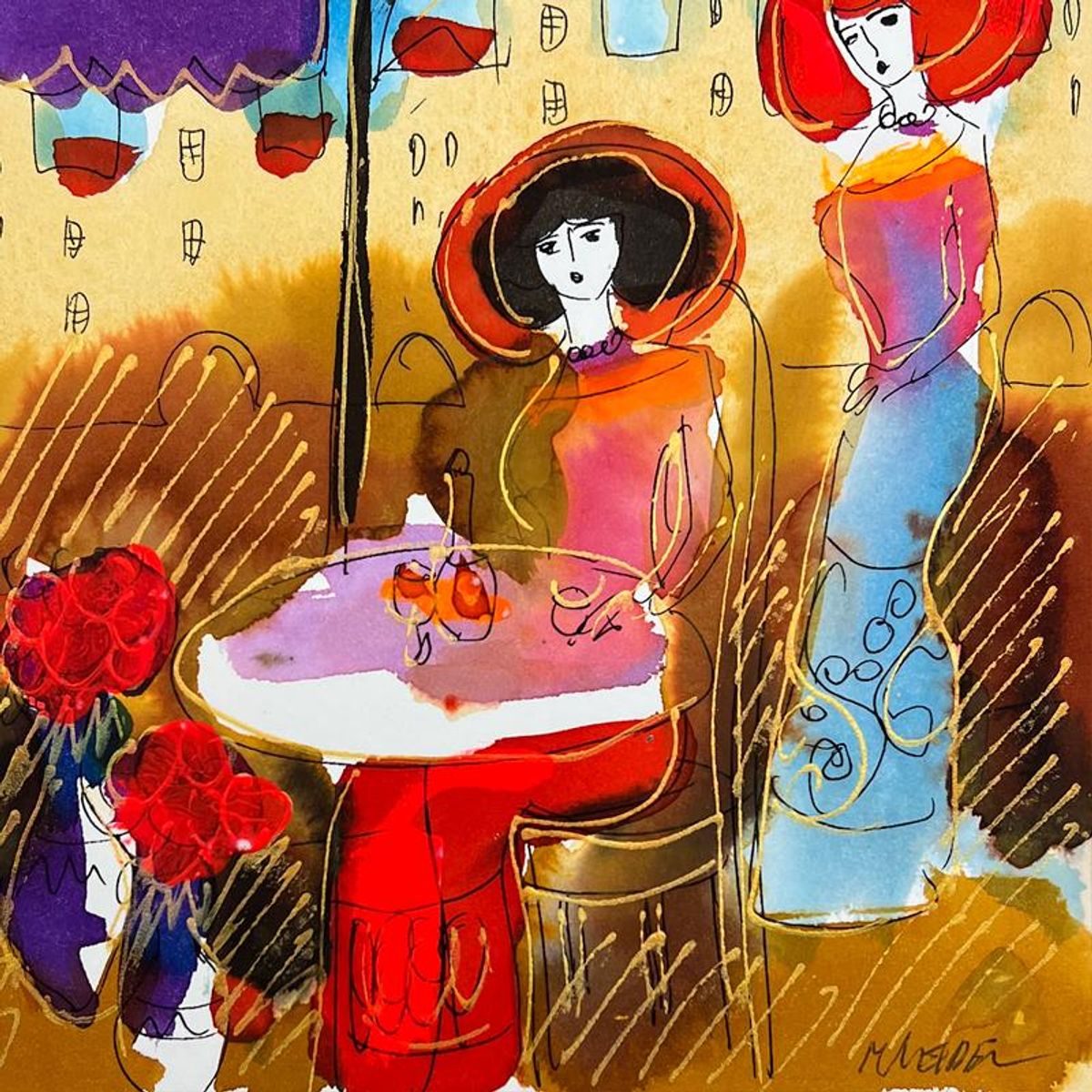 Moshe Leider, Framed Original Mixed Media Watercolor Painting, Hand Signed with Letter of Authenticity.