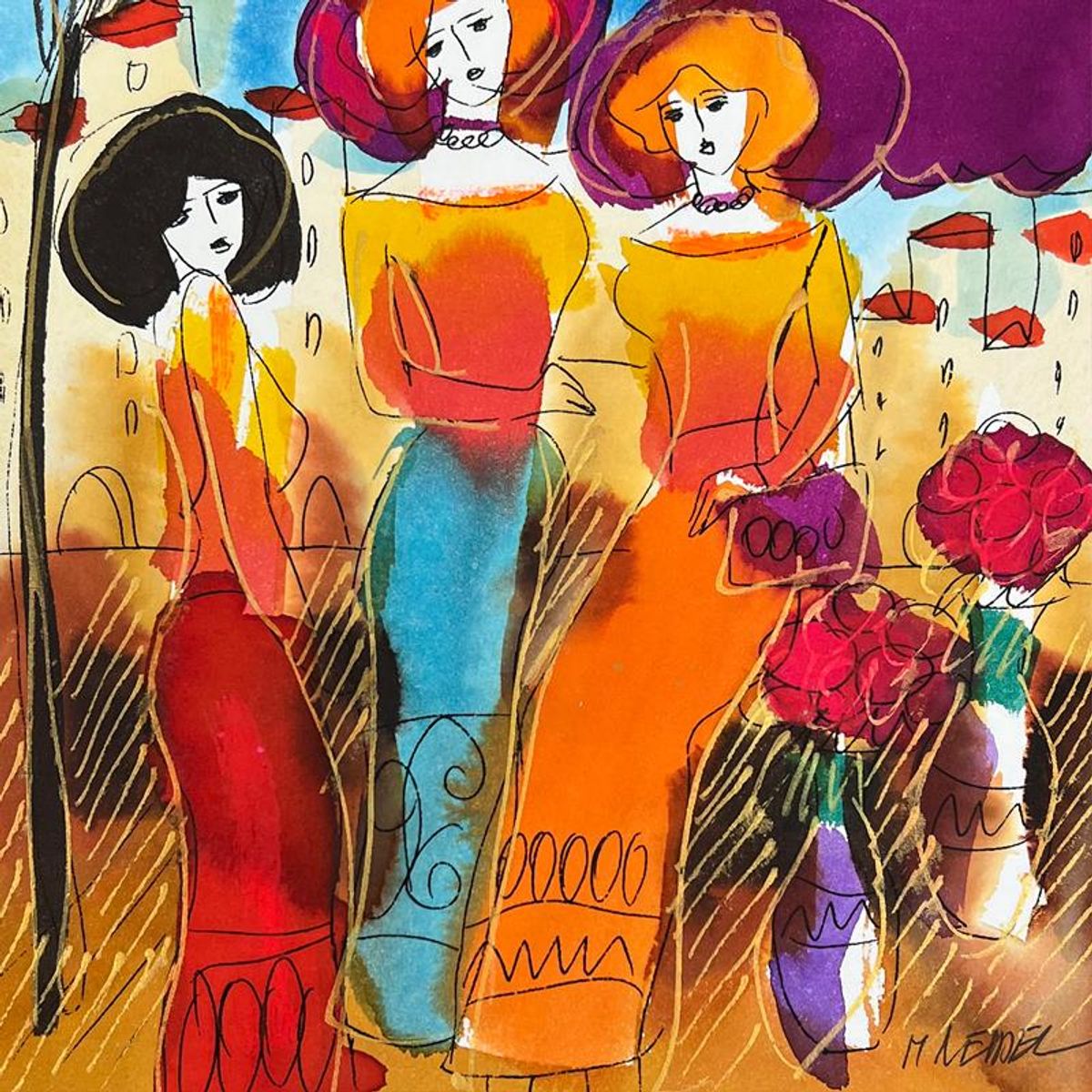 Moshe Leider, Framed Original Mixed Media Watercolor Painting, Hand Signed with Letter of Authenticity.
