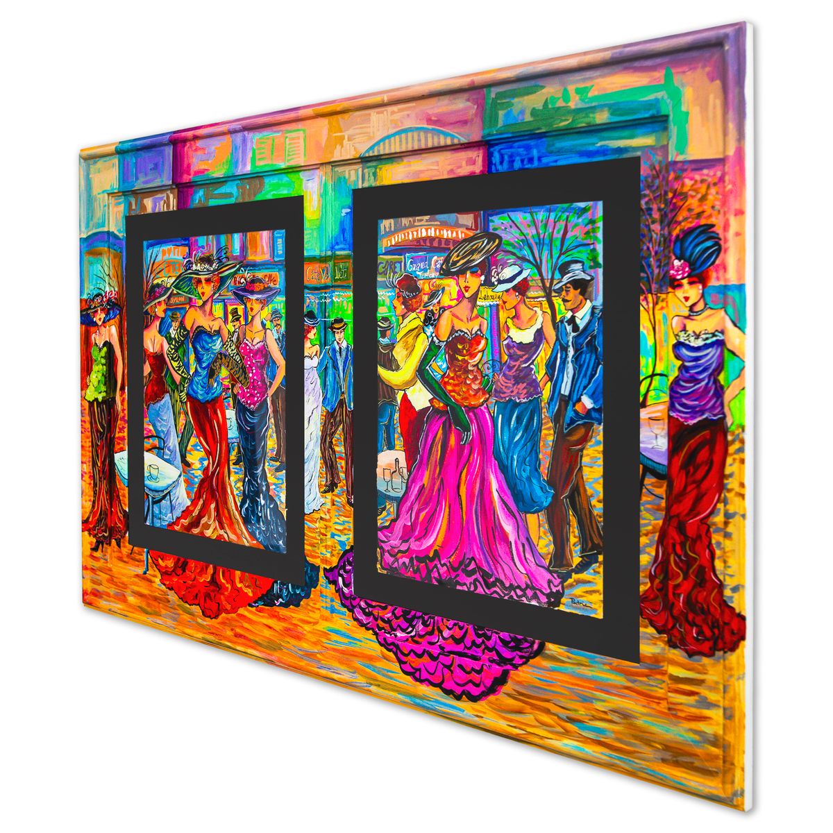 Patricia Govezensky- Original Watercolors with Hand Painted Frame "Cafe Society Gathering"