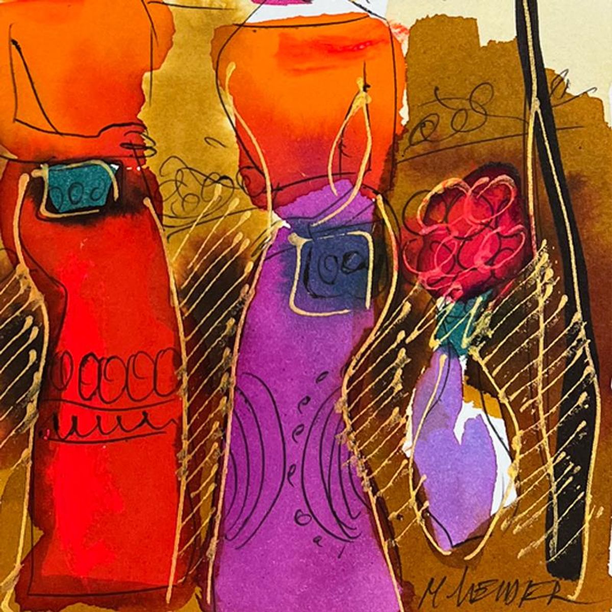 Moshe Leider, Framed Original Mixed Media Watercolor Painting, Hand Signed with Letter of Authenticity.