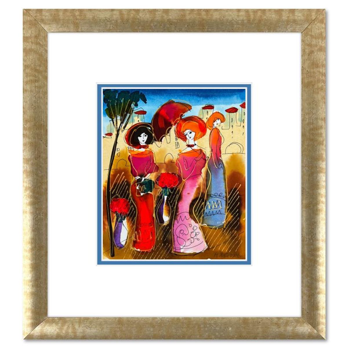 Moshe Leider, Framed Original Mixed Media Watercolor Painting, Hand Signed with Letter of Authenticity.