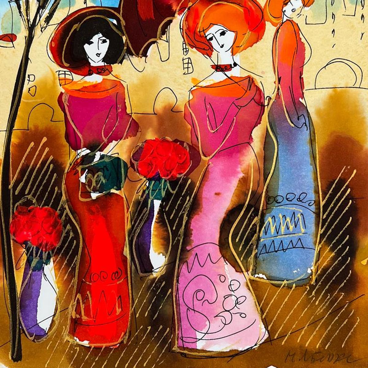 Moshe Leider, Framed Original Mixed Media Watercolor Painting, Hand Signed with Letter of Authenticity.