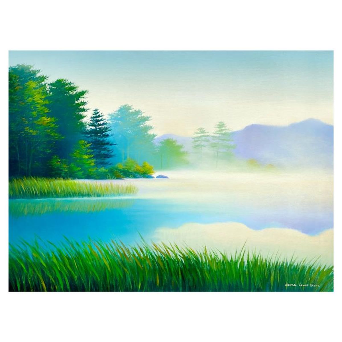 Richard Leung, "Lake In The Morning" Original Oil Painting on Canvas, Hand Signed with a Letter of Authenticity.
