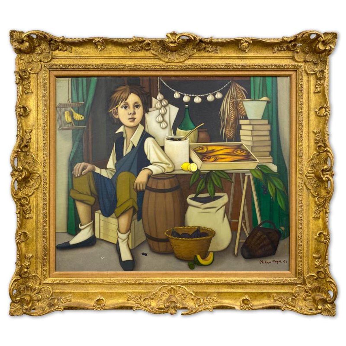 Philippe Noyer (1917-1985), "Boy at Street Market" Framed Original Oil Painting on Canvas, Dated (1953) Hand Signed with Letter of Authenticity.