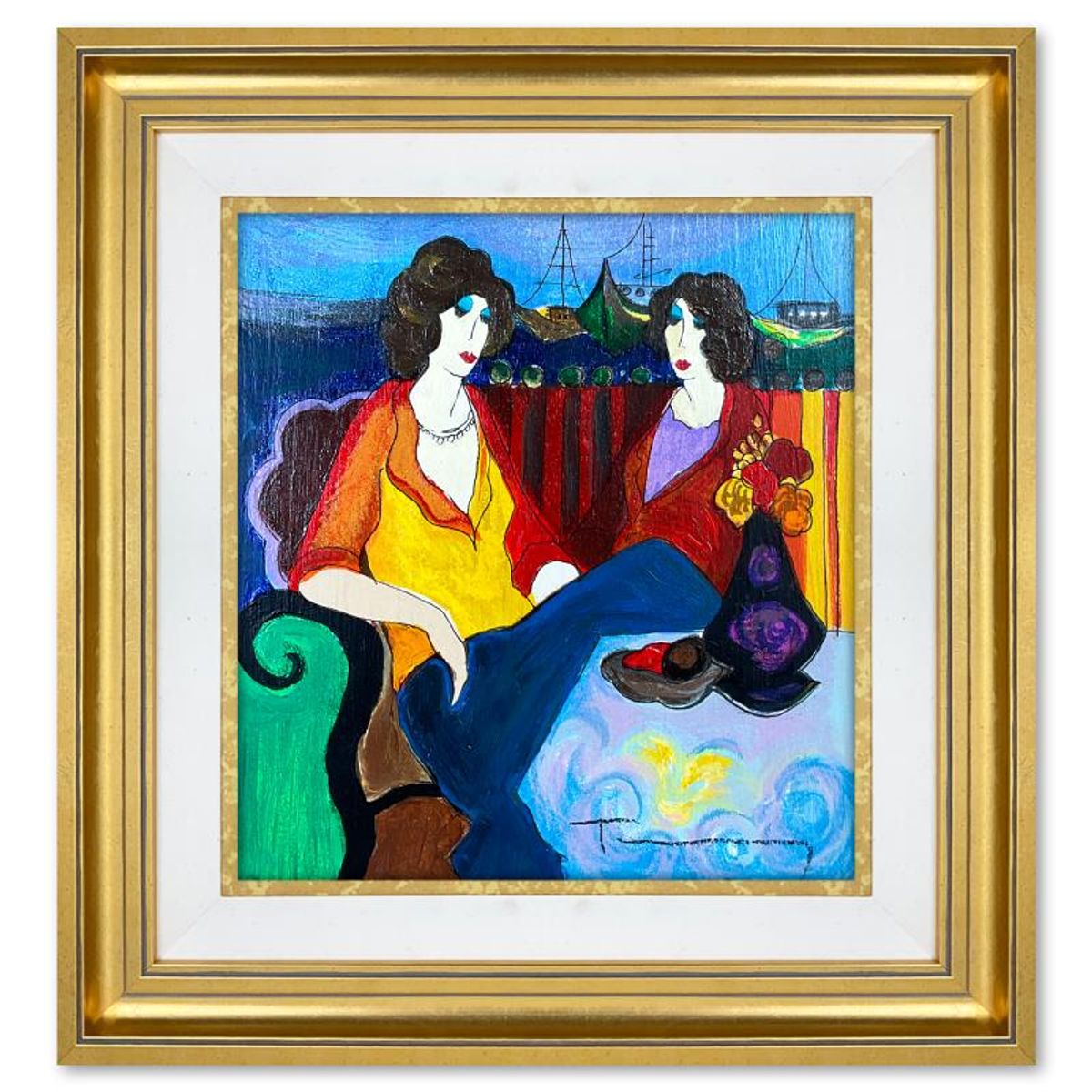Itzchak Tarkay (1935-2012), "At the Port" Framed One-of-a-Kind Mixed Media Over Paint on Wood, Hand Signed with Letter of Authenticity