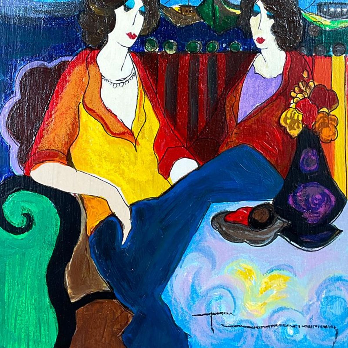 Itzchak Tarkay (1935-2012), "At the Port" Framed One-of-a-Kind Mixed Media Over Paint on Wood, Hand Signed with Letter of Authenticity