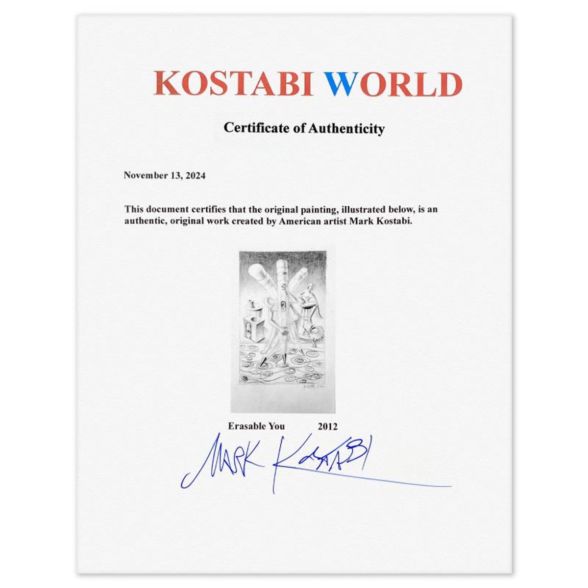 Mark Kostabi, "Erasable You" Framed Original Drawing on Paper, Hand Signed with Certificate of Authenticity