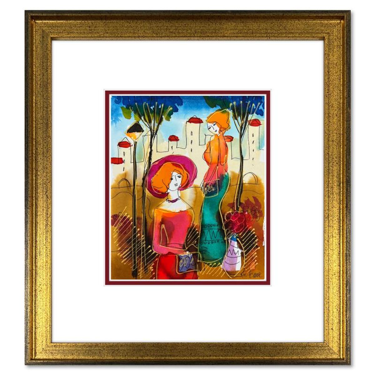 Moshe Leider, Framed Original Mixed Media Watercolor Painting, Hand Signed with Letter of Authenticity.