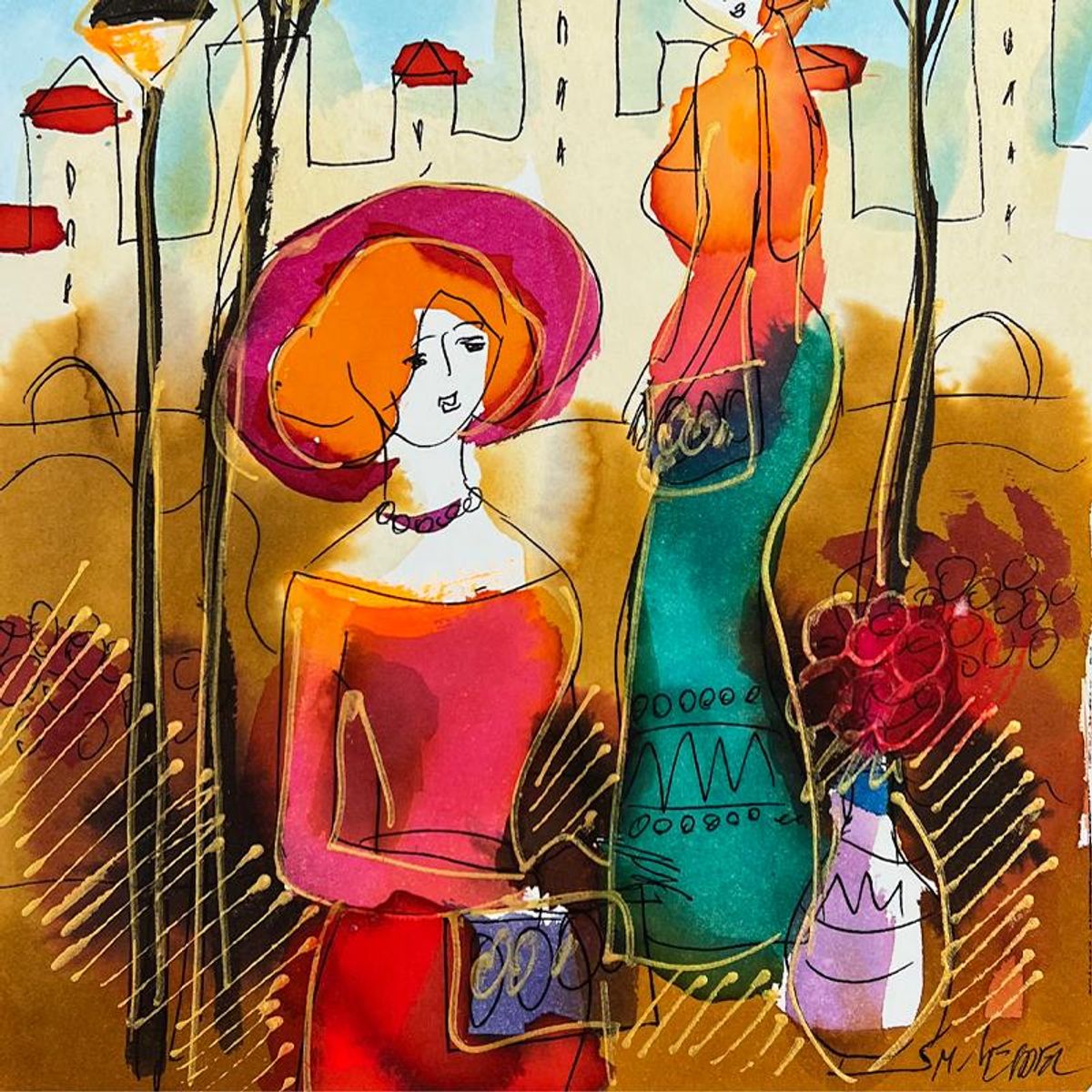 Moshe Leider, Framed Original Mixed Media Watercolor Painting, Hand Signed with Letter of Authenticity.