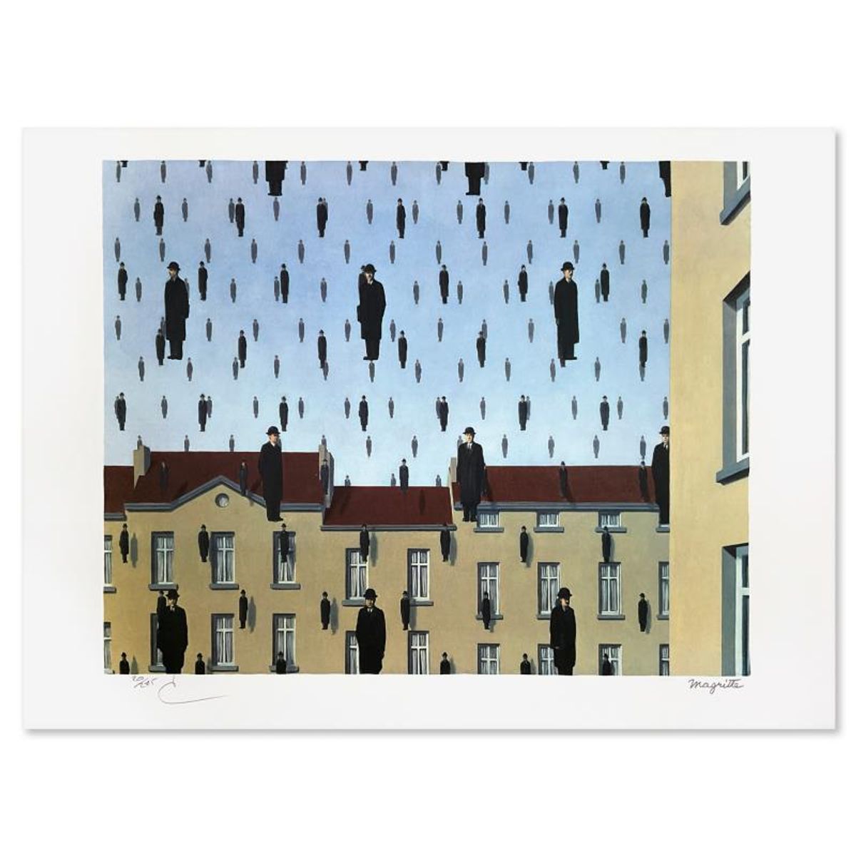 Rene Magritte 1898-1967 (After), "Golconde" Framed Limited Edition Lithograph, Estate Signed and Numbered 20/275 with Certificate of Authenticity.