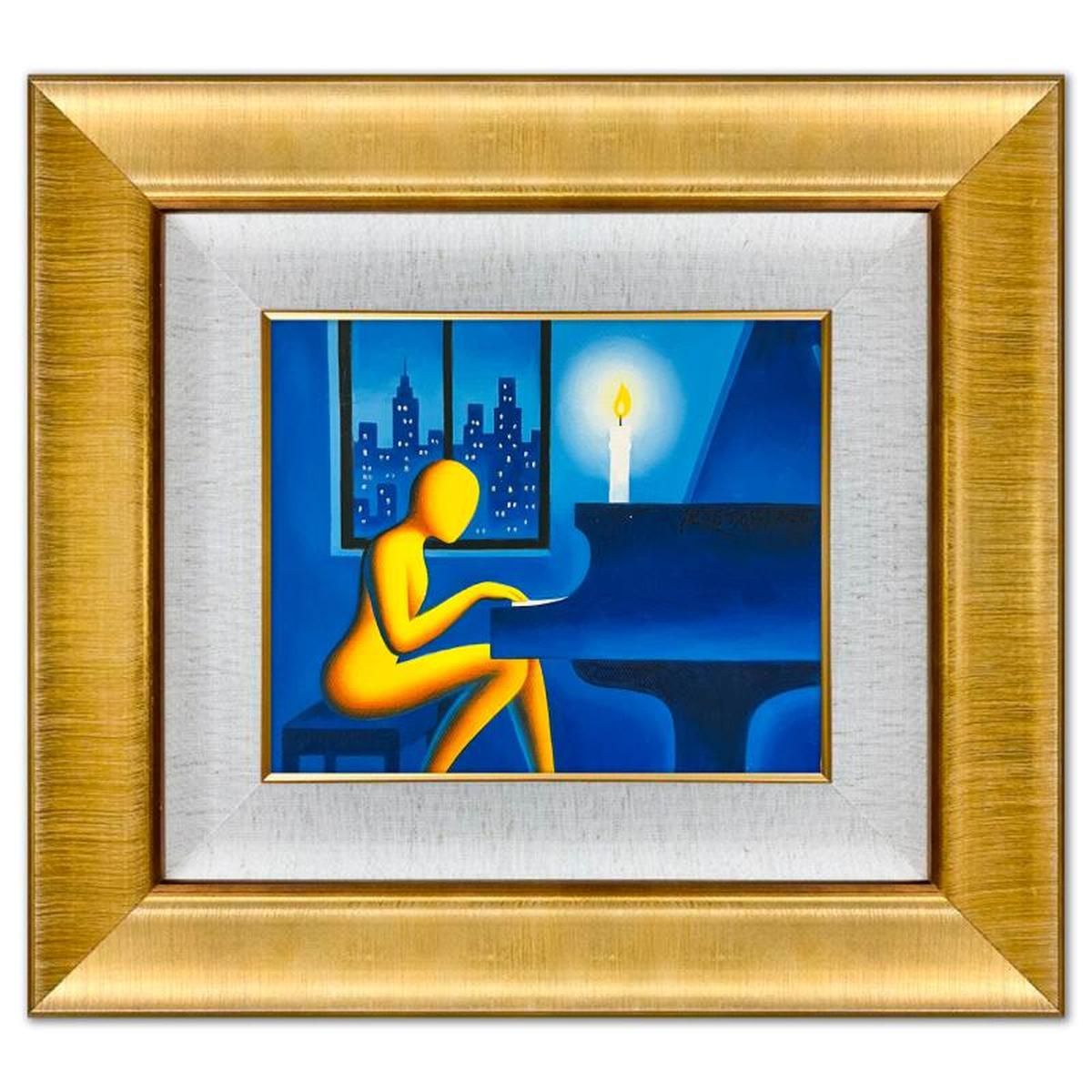 Mark Kostabi, "Shifting Midnight Melodies" Framed Original Oil Painting on Canvas, Hand Signed with a Certificate of Authenticity.