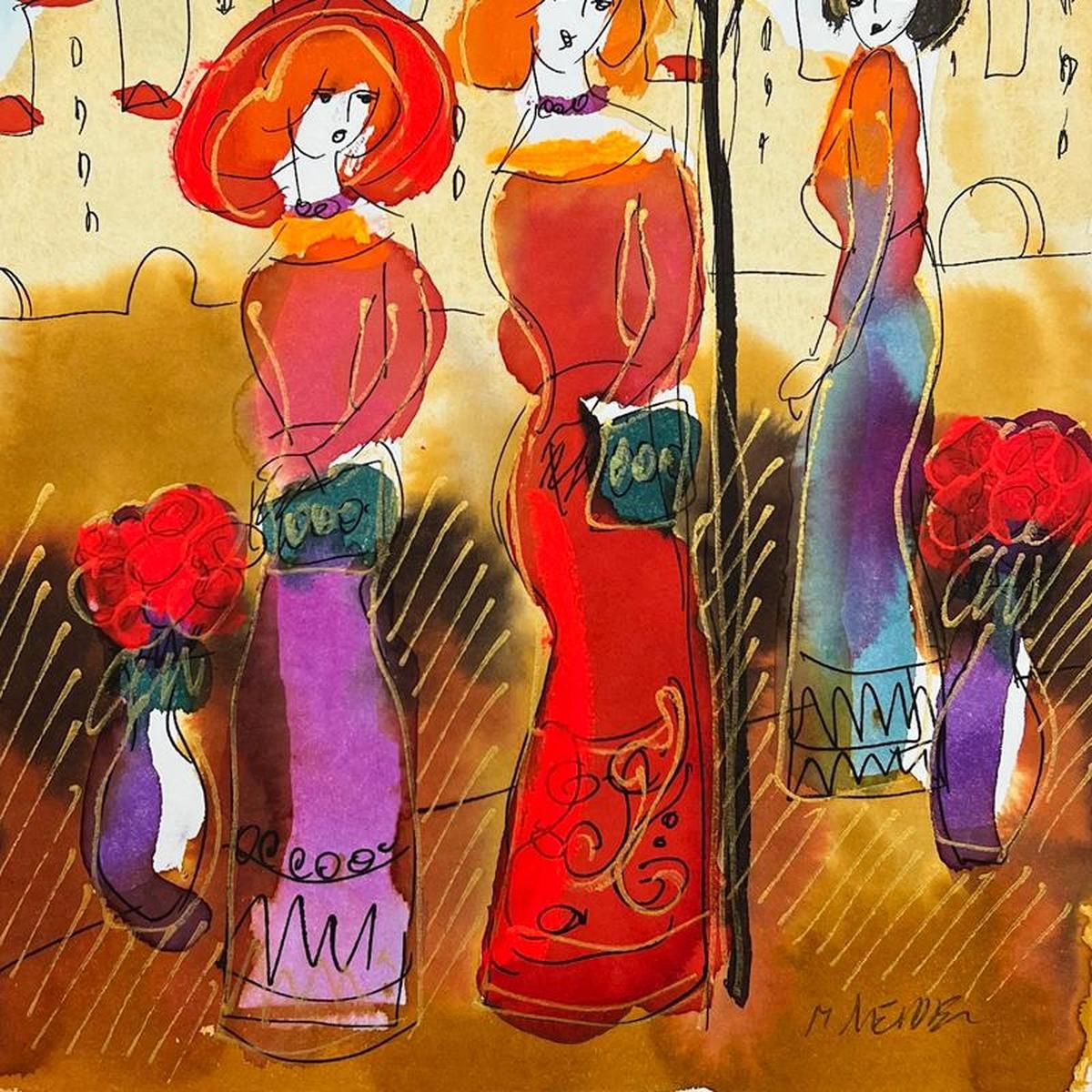 Moshe Leider, Framed Original Mixed Media Watercolor Painting, Hand Signed with Letter of Authenticity.