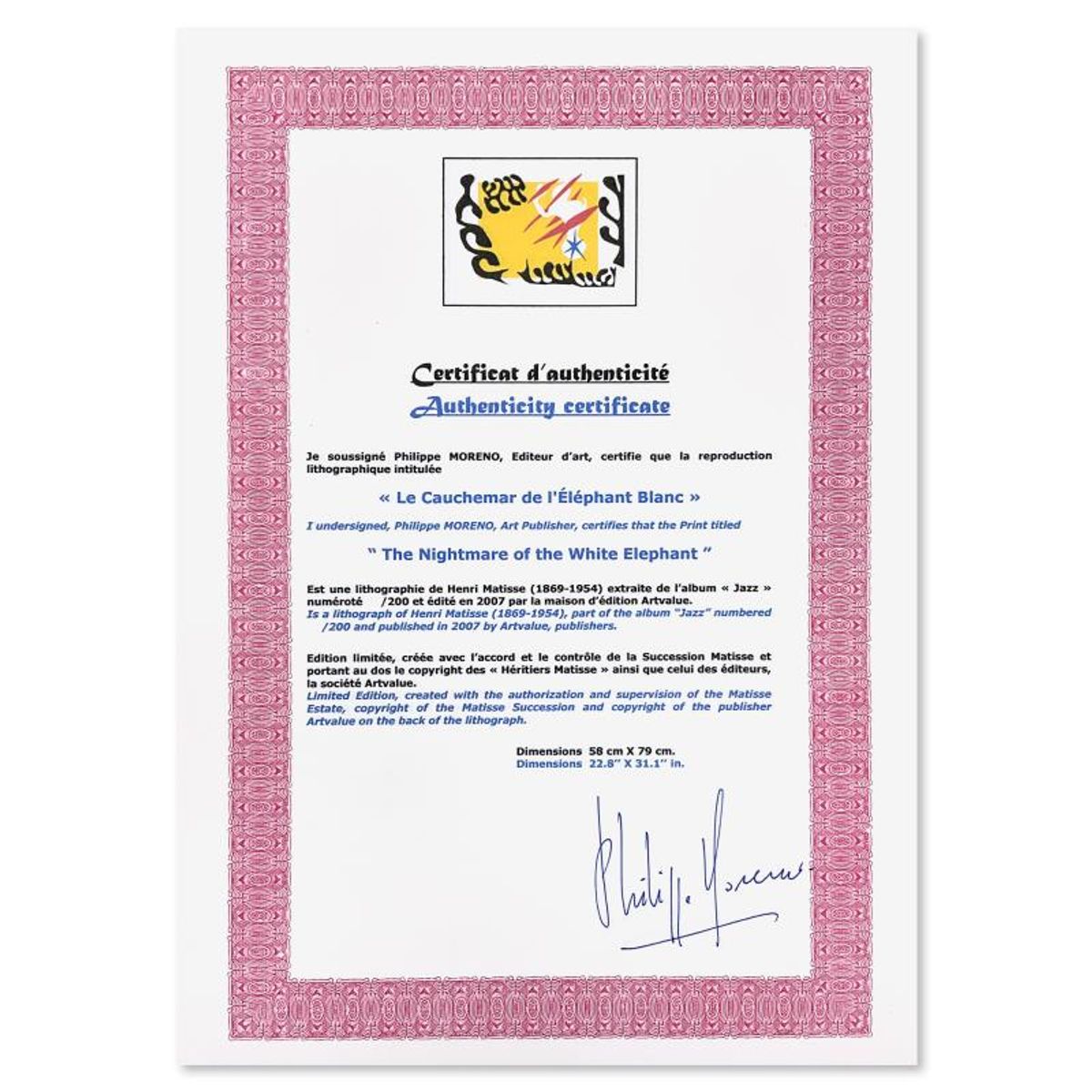 Henri Matisse 1869-1954 (After), "Le Cauchemar de l'Elephant Blanc" Limited Edition Lithograph with Certificate of Authenticity.