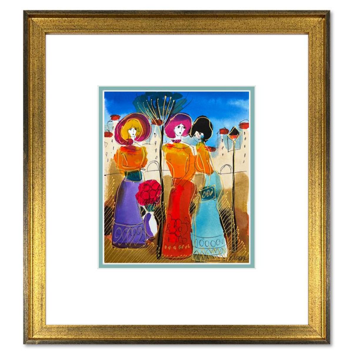 Moshe Leider, Framed Original Mixed Media Watercolor Painting, Hand Signed with Letter of Authenticity.
