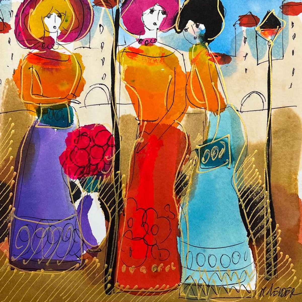 Moshe Leider, Framed Original Mixed Media Watercolor Painting, Hand Signed with Letter of Authenticity.