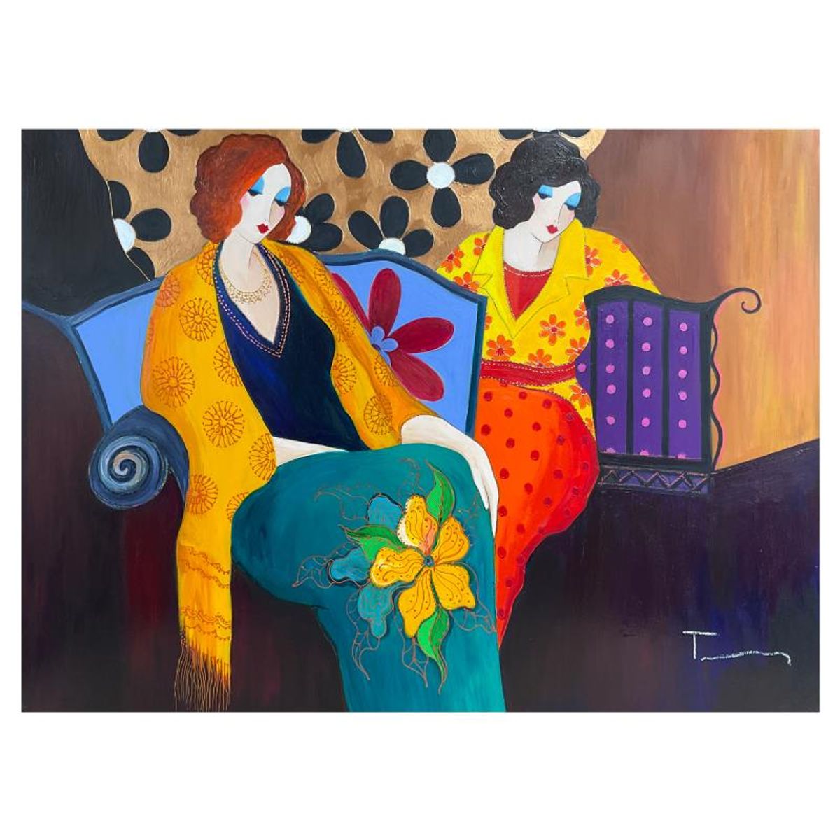 Itzchak Tarkay (1935-2012), "A Brief Respite" One-of-a-Kind Mixed Media Over Paint on Wood, Hand Signed with Letter of Authenticity