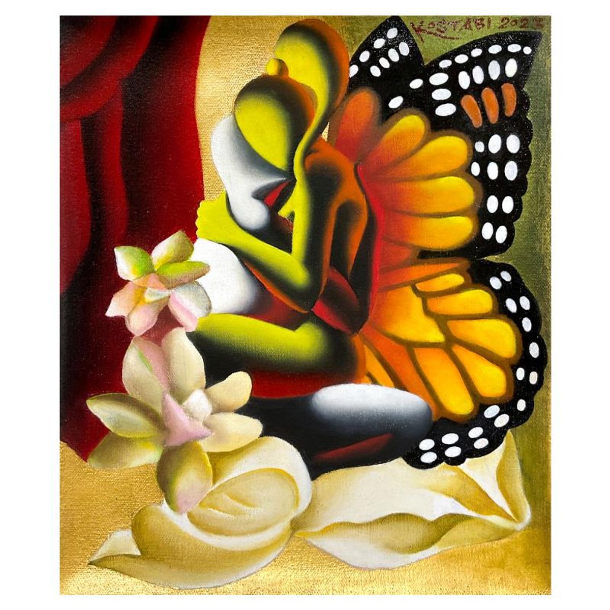 Mark Kostabi, "Gilded Crimson Passion" Original Oil Painting on Canvas, Hand Signed with Certificate of Authenticity.