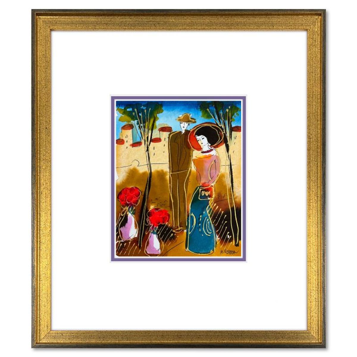 Moshe Leider, Framed Original Mixed Media Watercolor Painting, Hand Signed with Letter of Authenticity.