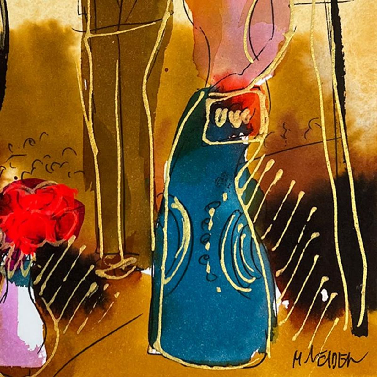 Moshe Leider, Framed Original Mixed Media Watercolor Painting, Hand Signed with Letter of Authenticity.