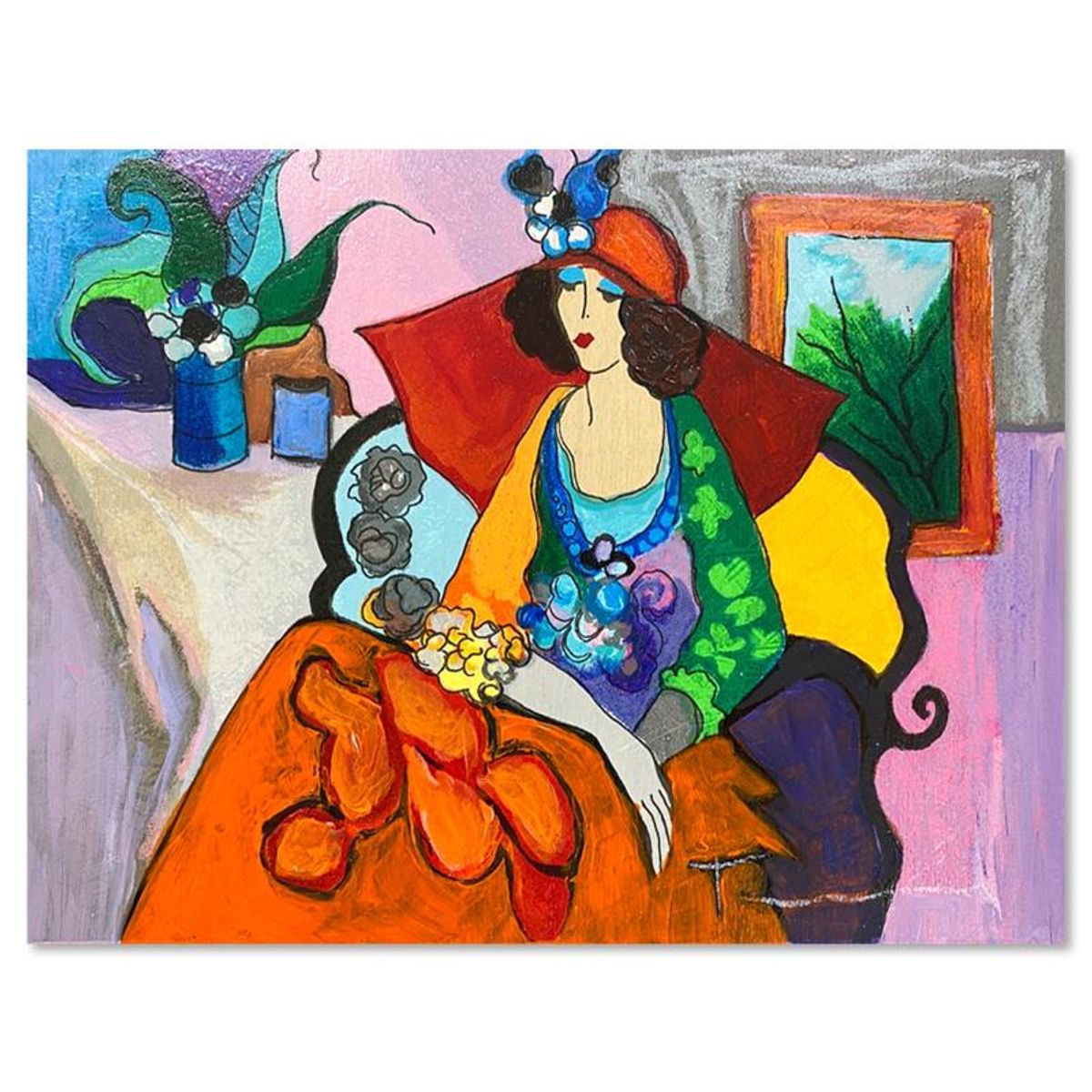 Itzchak Tarkay (1935-2012), "Red Hat" One-of-a-Kind Mixed Media Over Paint on Wood, Hand Signed with Letter of Authenticity