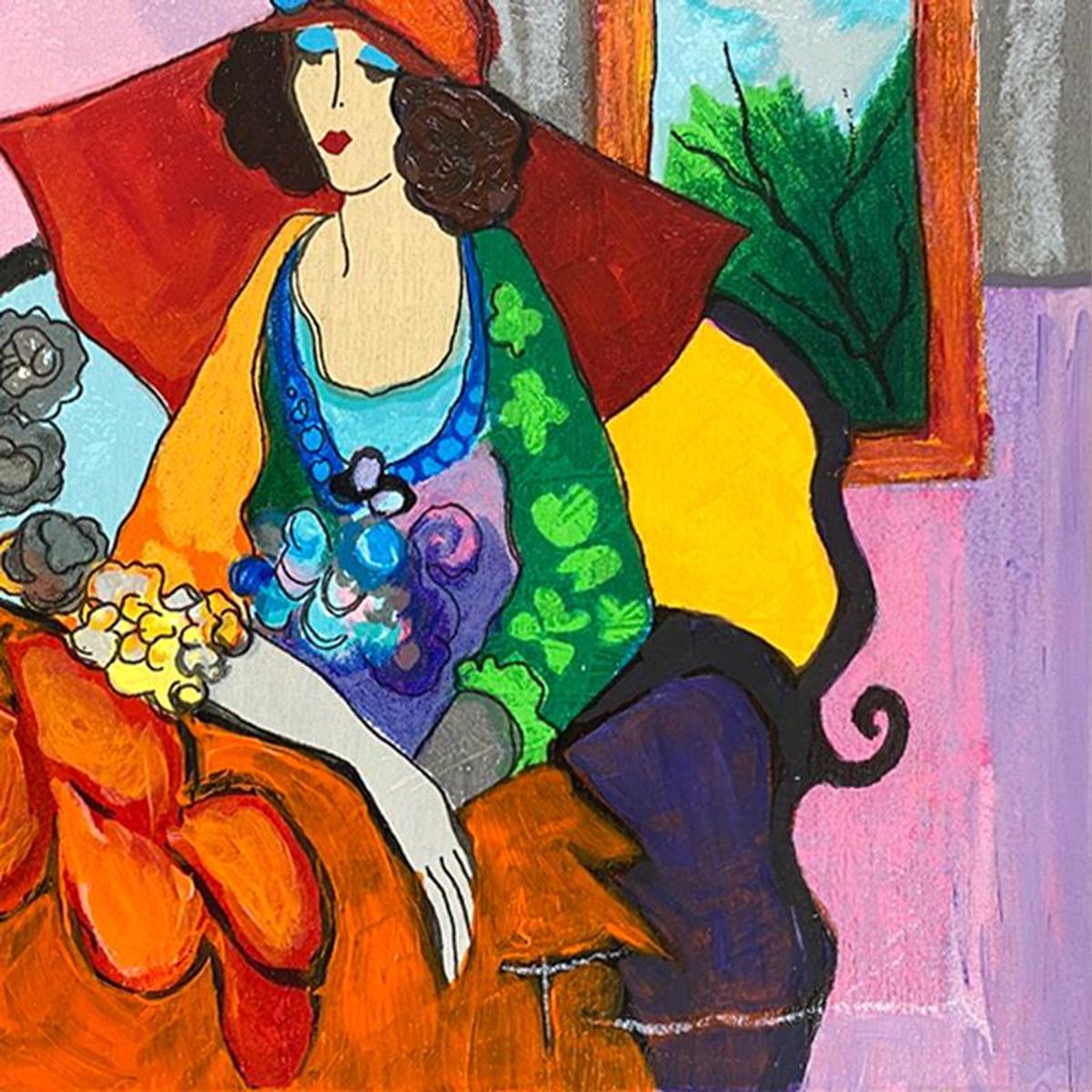 Itzchak Tarkay (1935-2012), "Red Hat" One-of-a-Kind Mixed Media Over Paint on Wood, Hand Signed with Letter of Authenticity