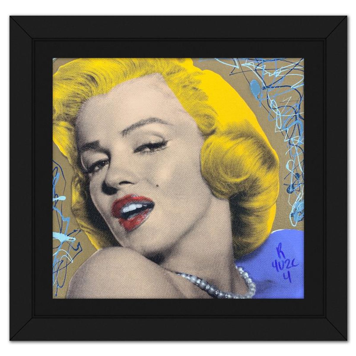 "Ringo" Daniel Funes, "Marilyn with Pearls" Framed One-of-a-Kind Mixed Media on Canvas, Hand Signed with Letter of Authenticity.