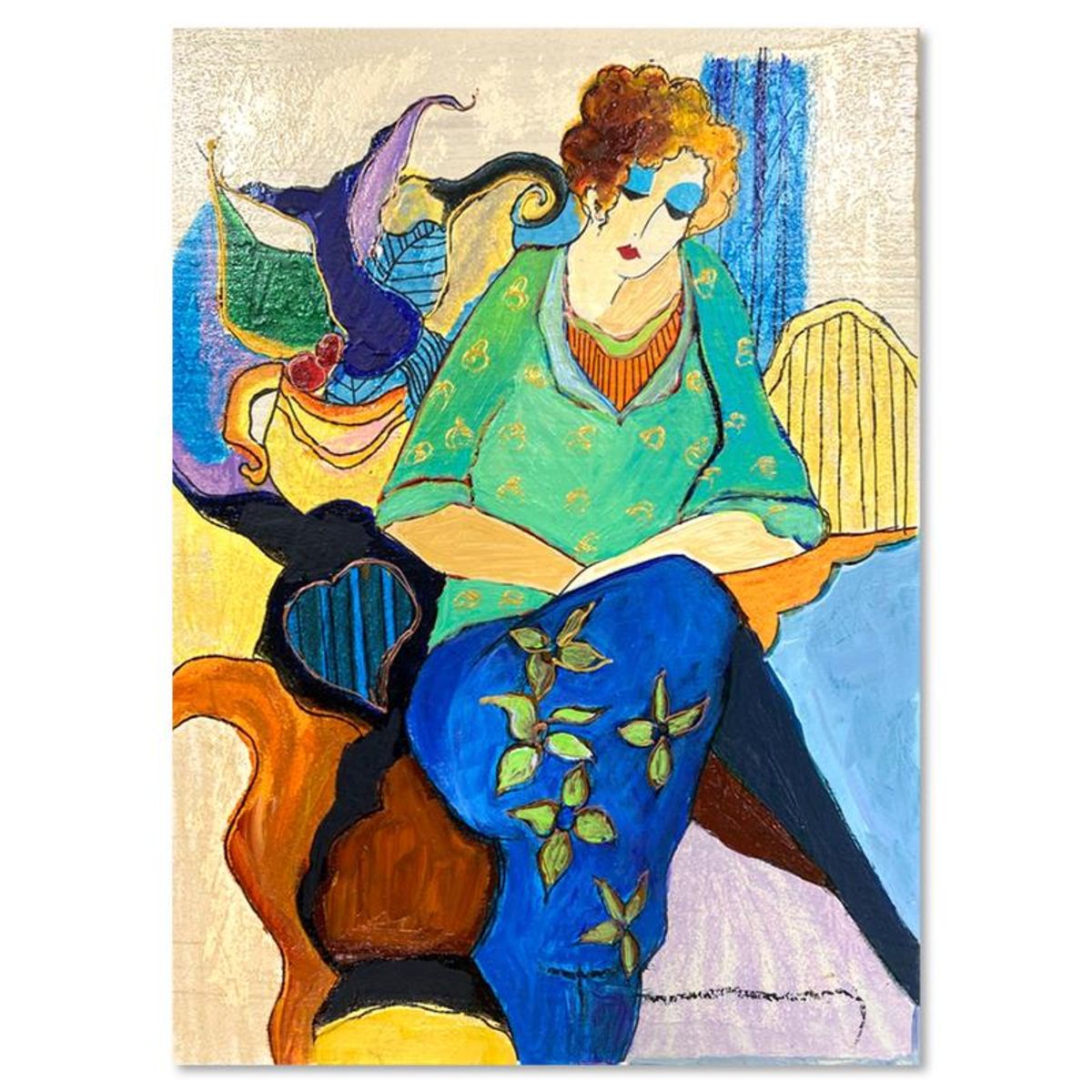 Itzchak Tarkay (1935-2012), "Waiting" One-of-a-Kind Mixed Media Over Paint on Wood, Hand Signed with Letter of Authenticity