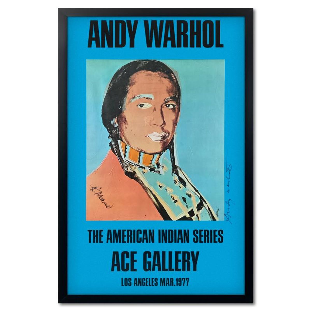 Andy Warhol (1928-1987), "The American Indian Series (Blue)" Framed Vintage Poster (35.5" x 51") from Ace Gallery (1977), Hand Signed by Warhol and & Russell Means (1939-2012) with LOA.