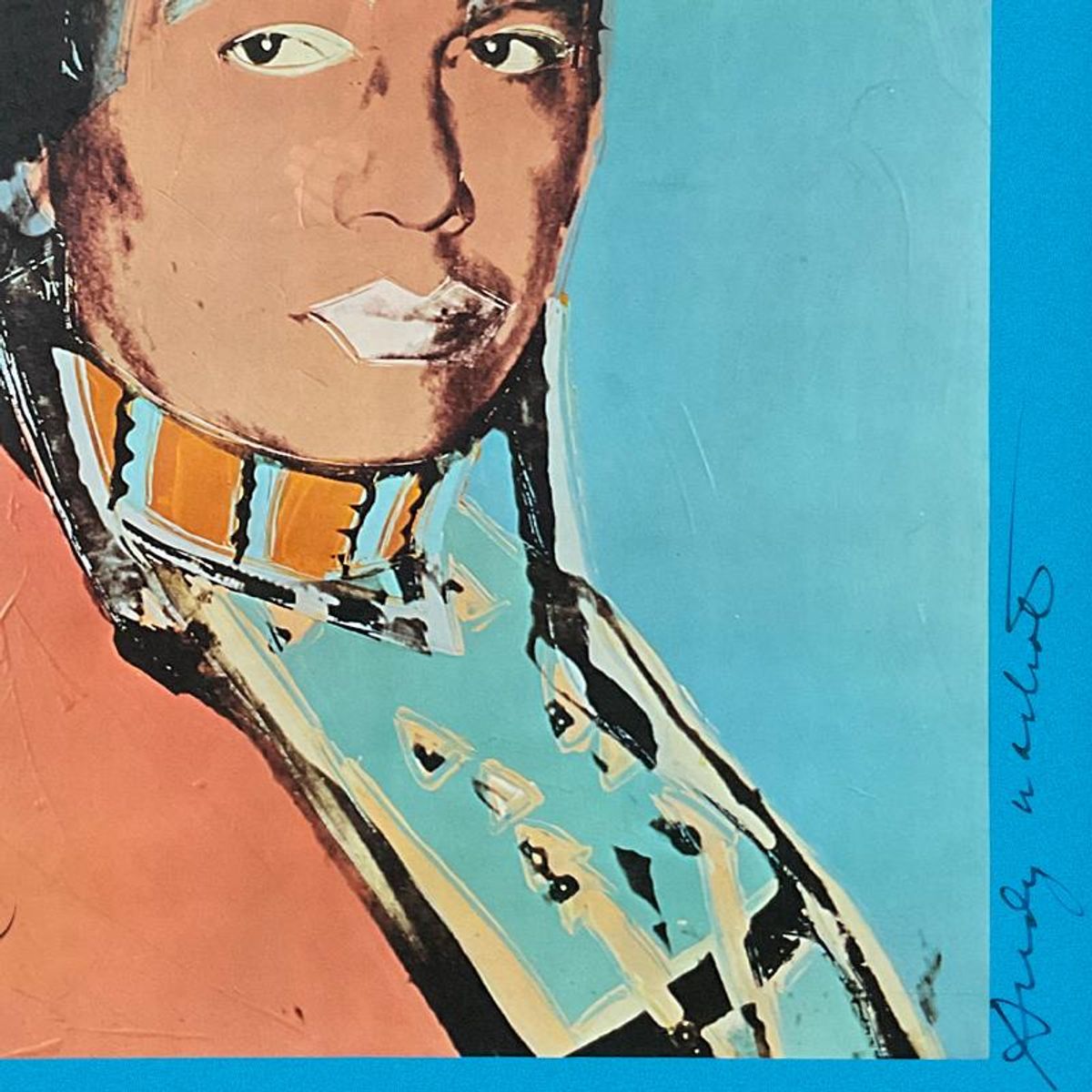 Andy Warhol (1928-1987), "The American Indian Series (Blue)" Framed Vintage Poster (35.5" x 51") from Ace Gallery (1977), Hand Signed by Warhol and & Russell Means (1939-2012) with LOA.