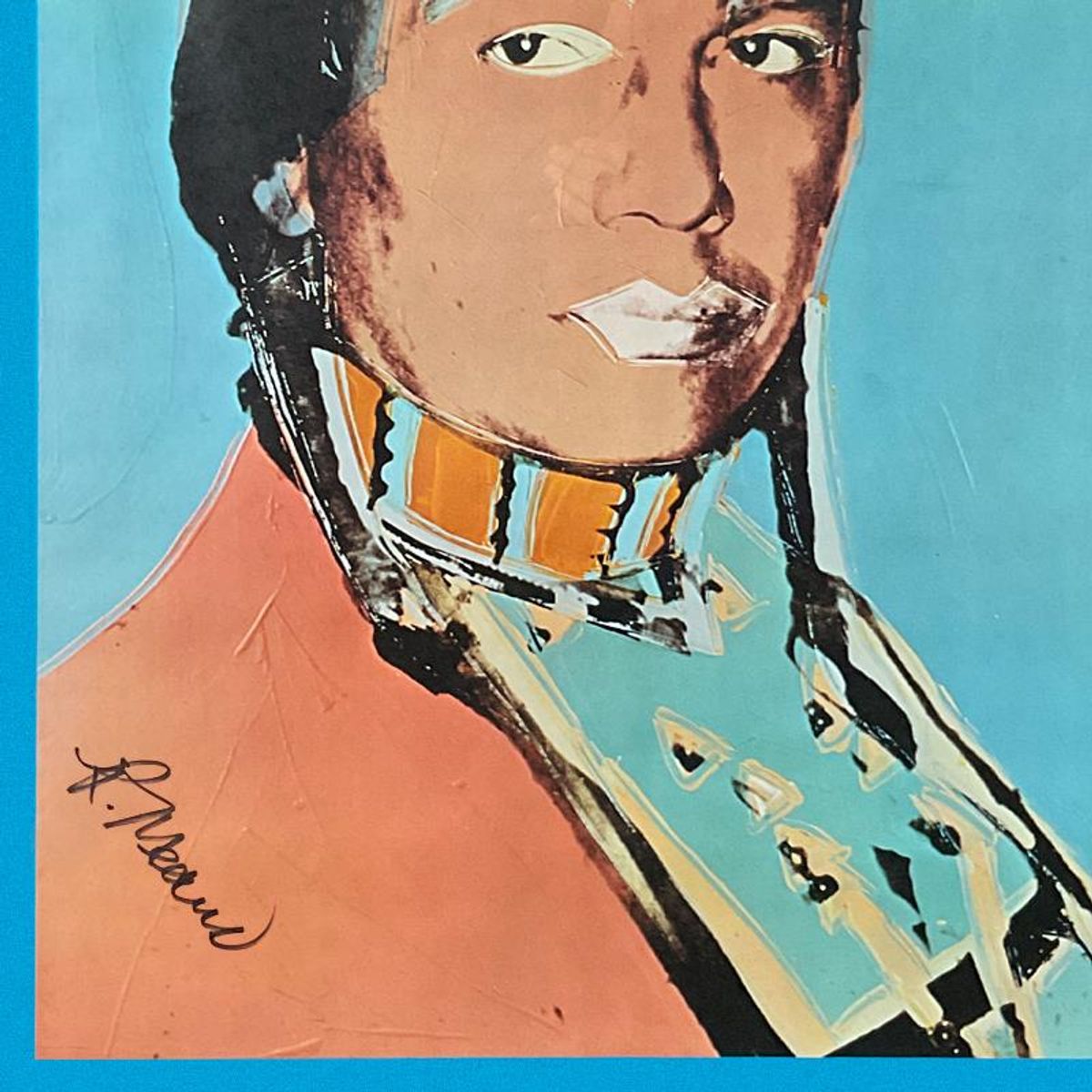 Andy Warhol (1928-1987), "The American Indian Series (Blue)" Framed Vintage Poster (35.5" x 51") from Ace Gallery (1977), Hand Signed by Warhol and & Russell Means (1939-2012) with LOA.