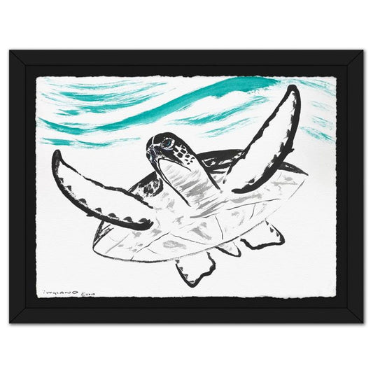 Wyland, "Turtle" Framed Original Sumi Ink Painting, Hand Signed with Letter of Authenticity.