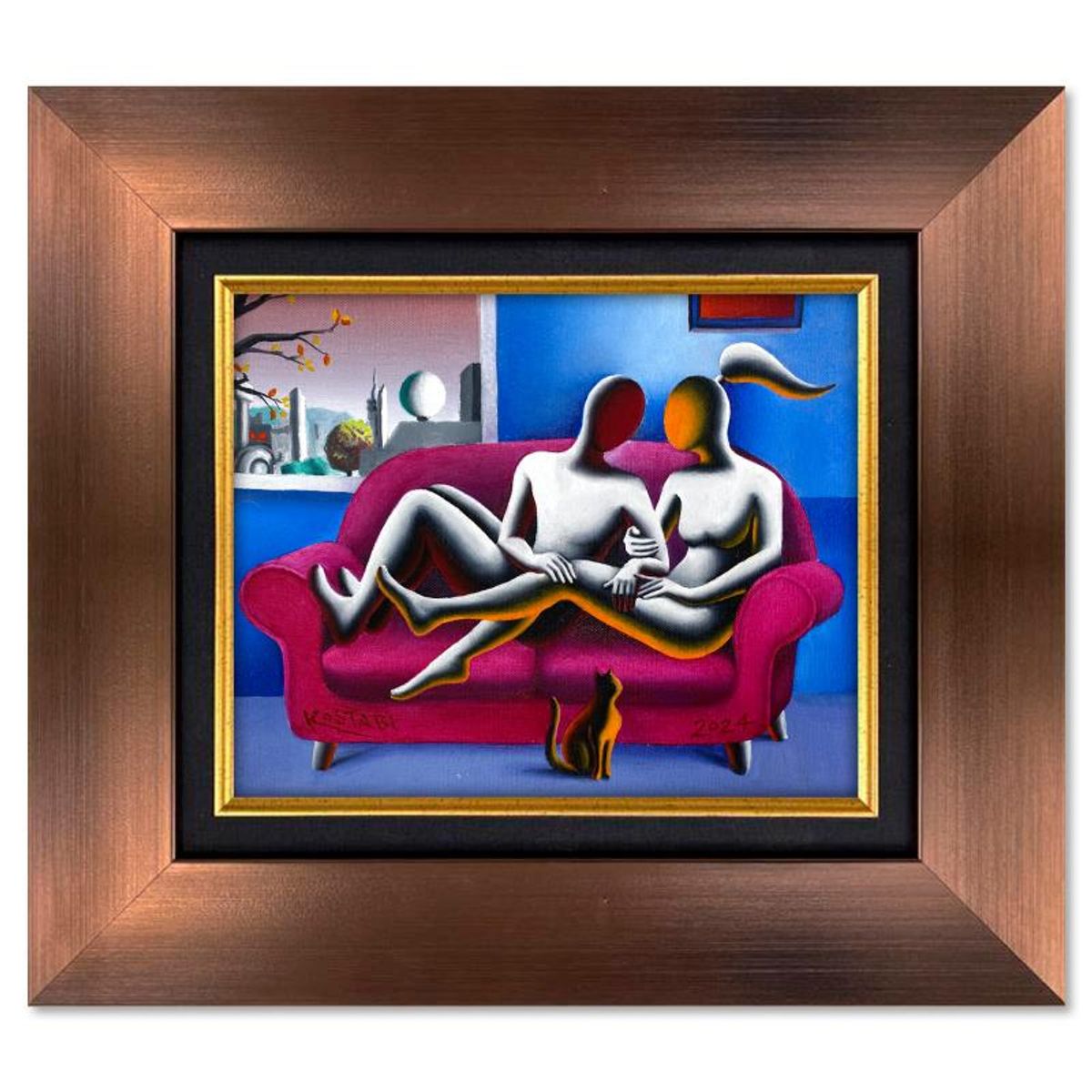 Mark Kostabi, "Embracing Tomorrow" Framed Original Oil Painting on Canvas, Hand Signed with a Certificate of Authenticity.