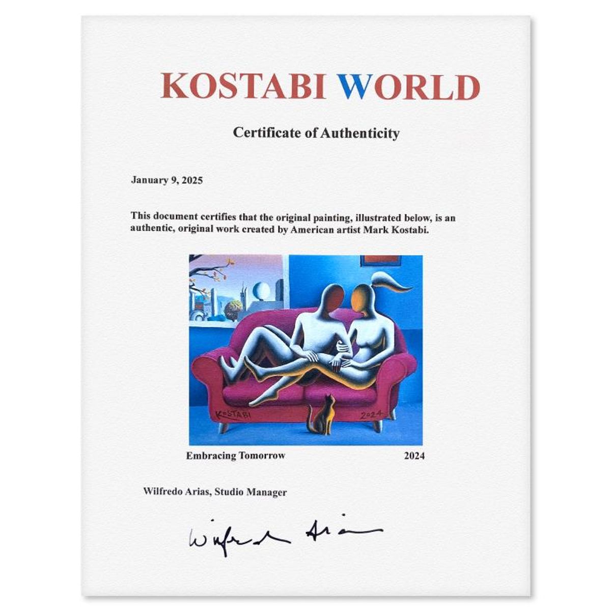 Mark Kostabi, "Embracing Tomorrow" Framed Original Oil Painting on Canvas, Hand Signed with a Certificate of Authenticity.
