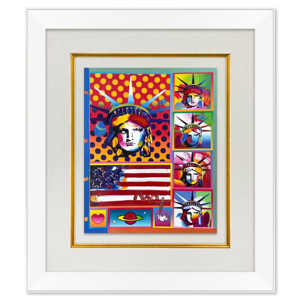 Peter Max, "5 Liberty and Flag" Framed One-of-a-Kind Acrylic Mixed Media, Hand Signed with Registration Number Certifying Authenticity