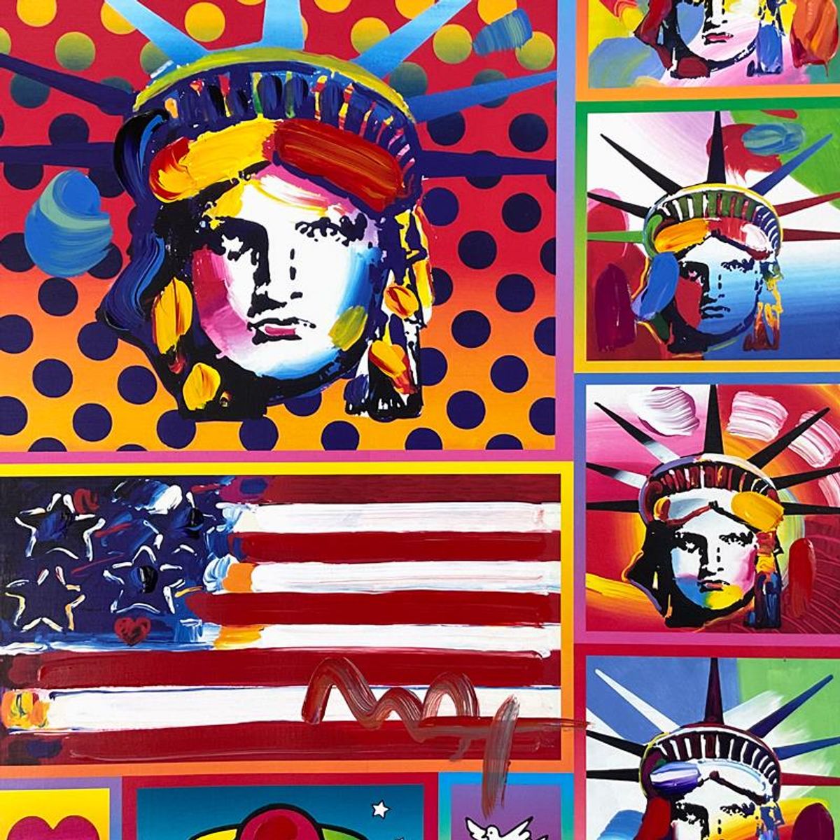 Peter Max, "5 Liberty and Flag" Framed One-of-a-Kind Acrylic Mixed Media, Hand Signed with Registration Number Certifying Authenticity