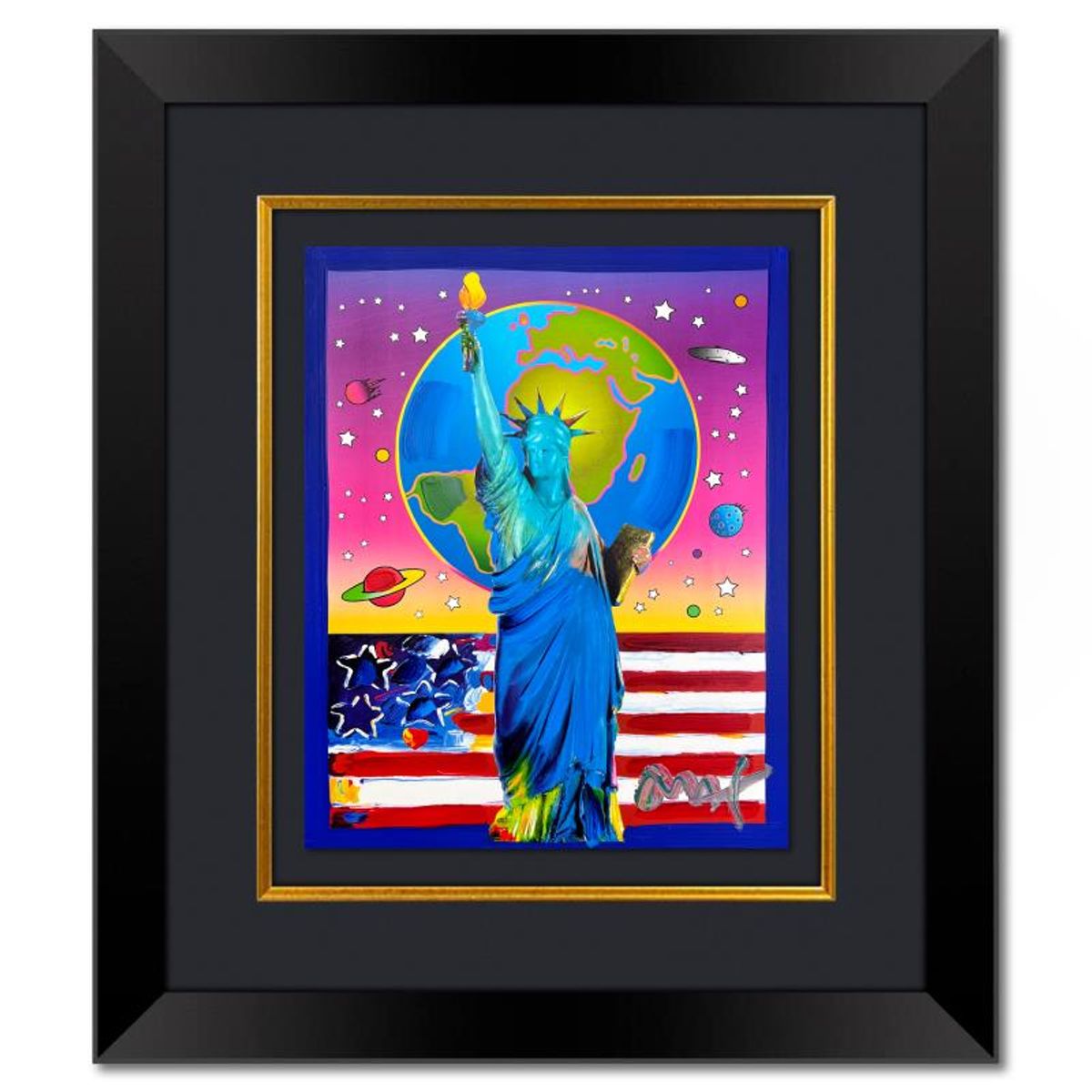 Peter Max (1937-2026), "Liberty, Earth and Flag" Framed One-of-a-Kind Mixed Media, Hand Signed with Registration Number Certifying Authenticity.