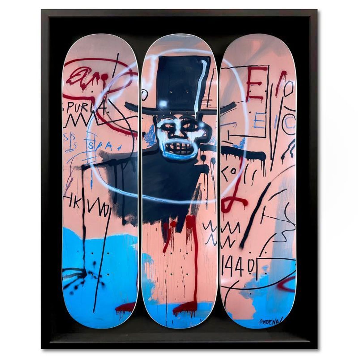 Jean-Michel Basquiat (1960-1988), "The Guilt of Gold Teeth, 1982" Framed Skateboard Triptych, Plate Signed with Letter of Authenticity.