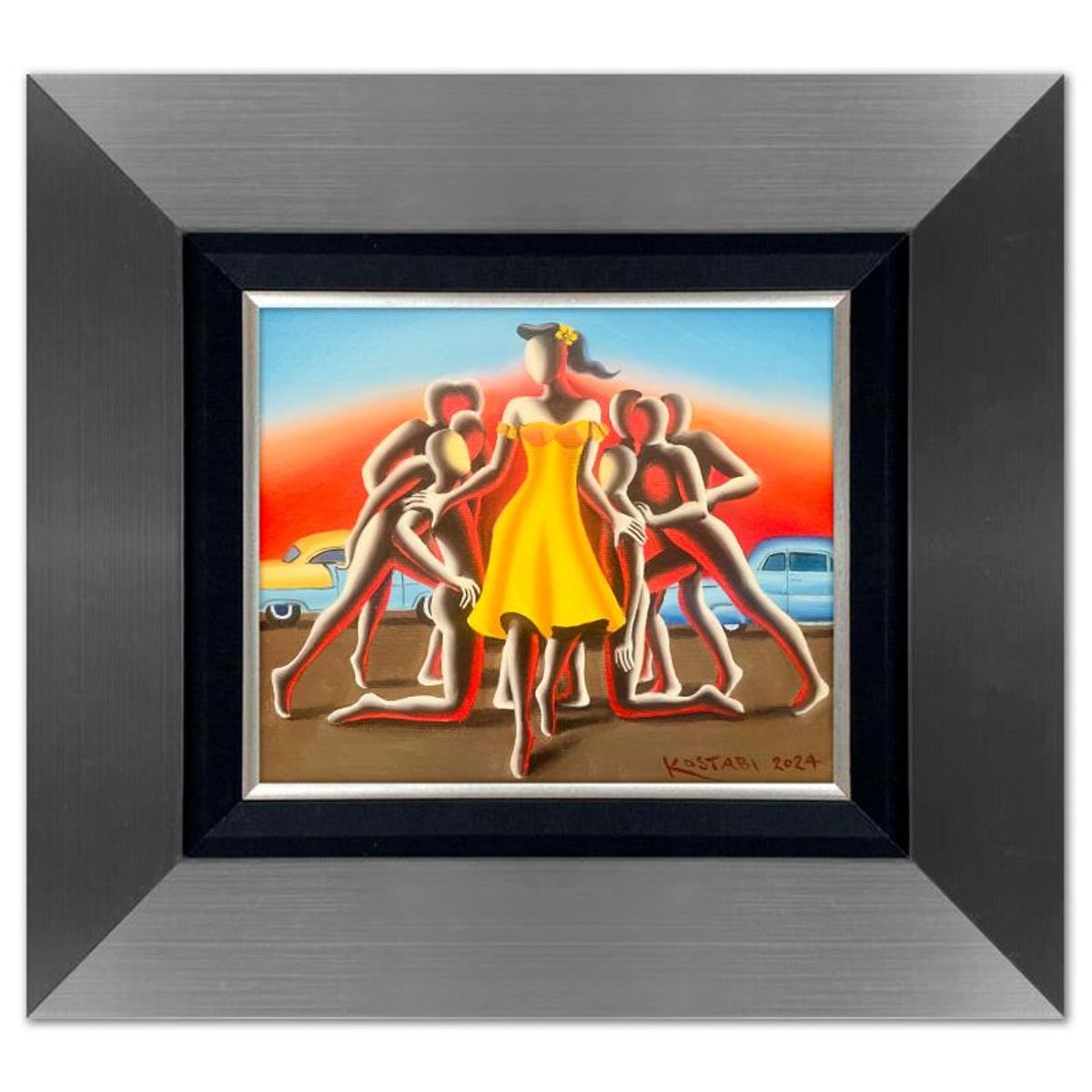 Mark Kostabi, "She Made Our Day" Framed Original Oil Painting on Canvas, Hand Signed with a Certificate of Authenticity.