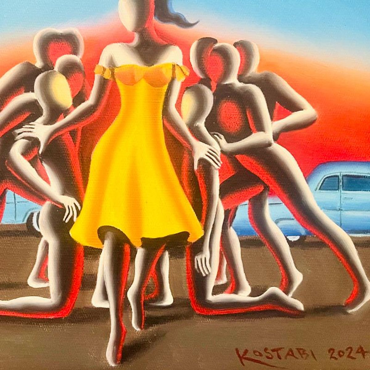 Mark Kostabi, "She Made Our Day" Framed Original Oil Painting on Canvas, Hand Signed with a Certificate of Authenticity.