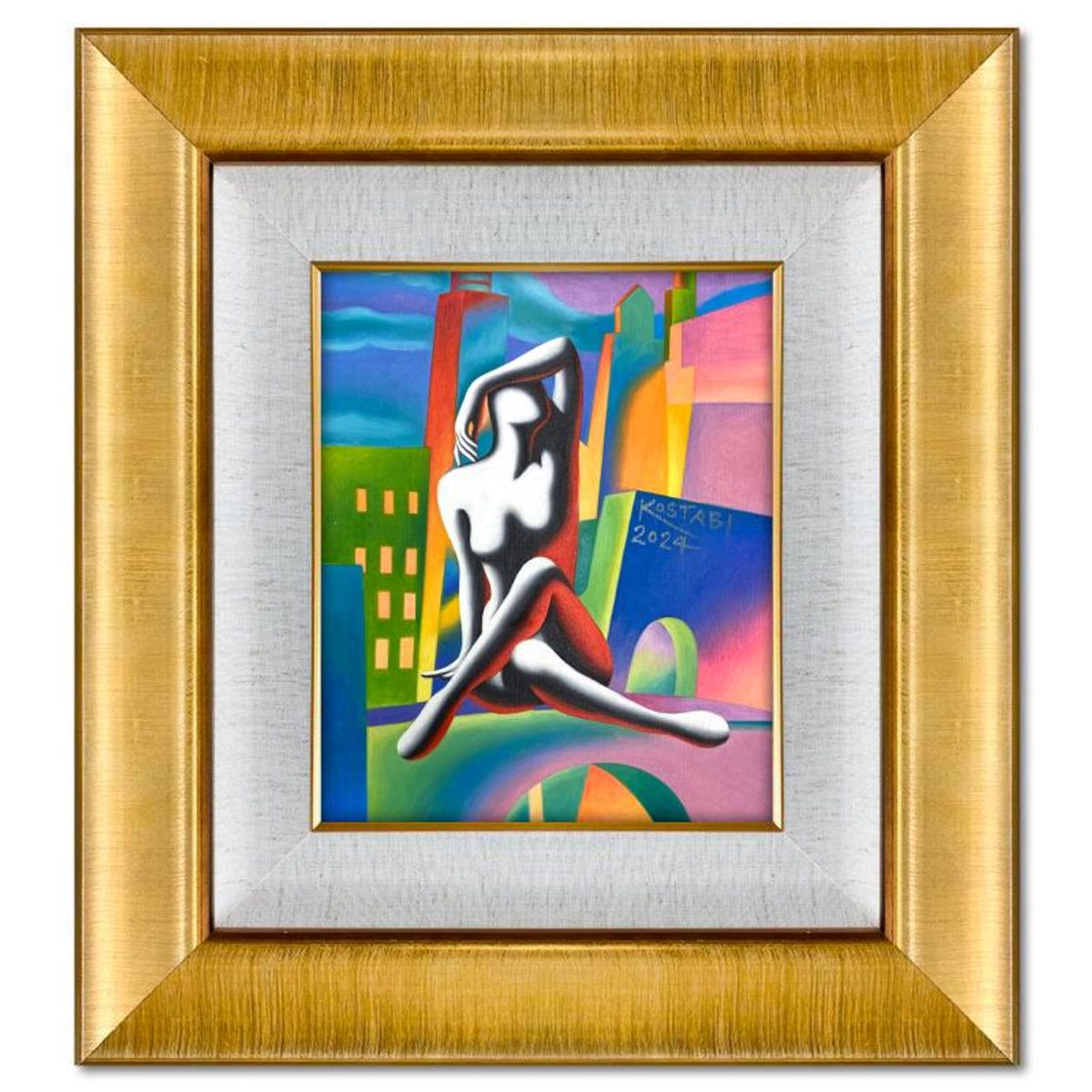 Mark Kostabi, "Etheral Ecstasy" Framed Original Oil Painting on Canvas, Hand Signed with a Certificate of Authenticity.