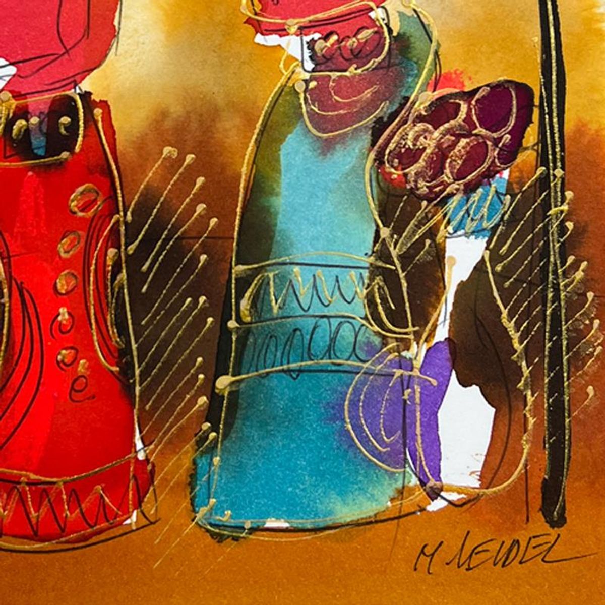 Moshe Leider, Framed Original Mixed Media Watercolor Painting, Hand Signed with Letter of Authenticity.